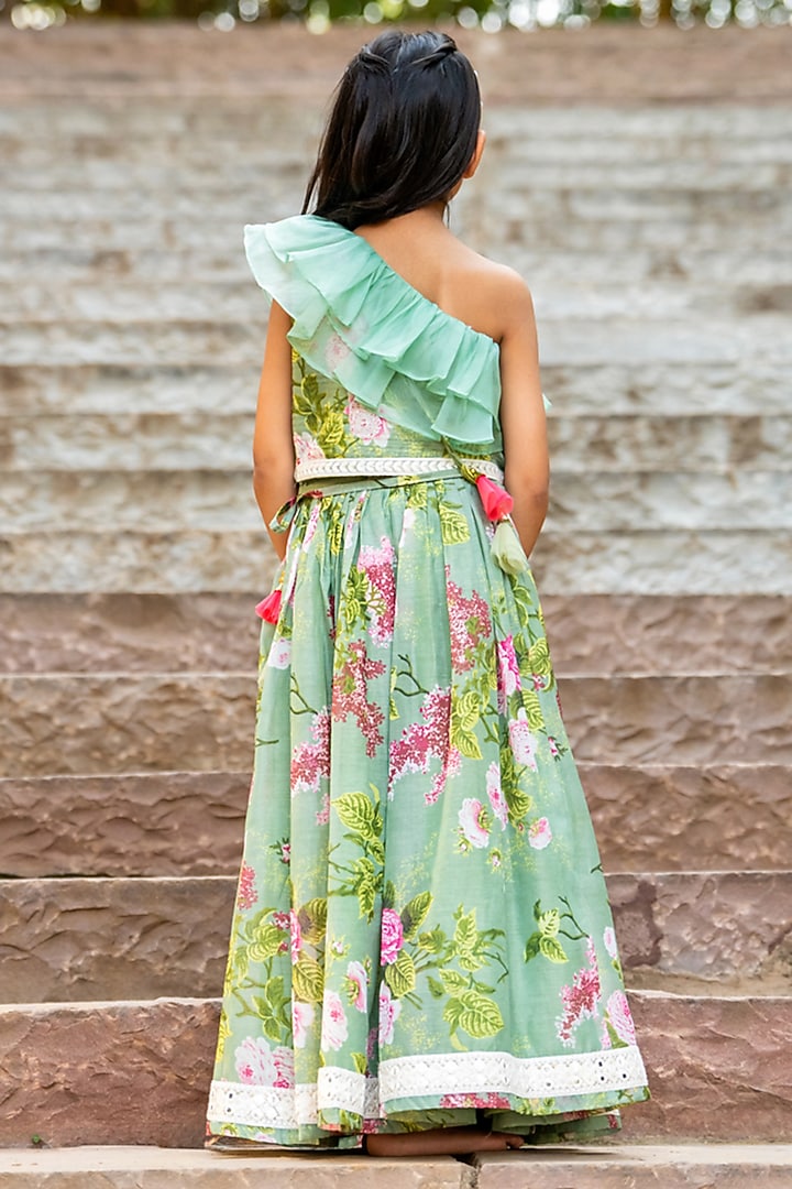 Mint Green Chanderi Floral Printed Lehenga Set For Girls by Yuvrani Jaipur Kidswear at Pernia's Pop Up Shop