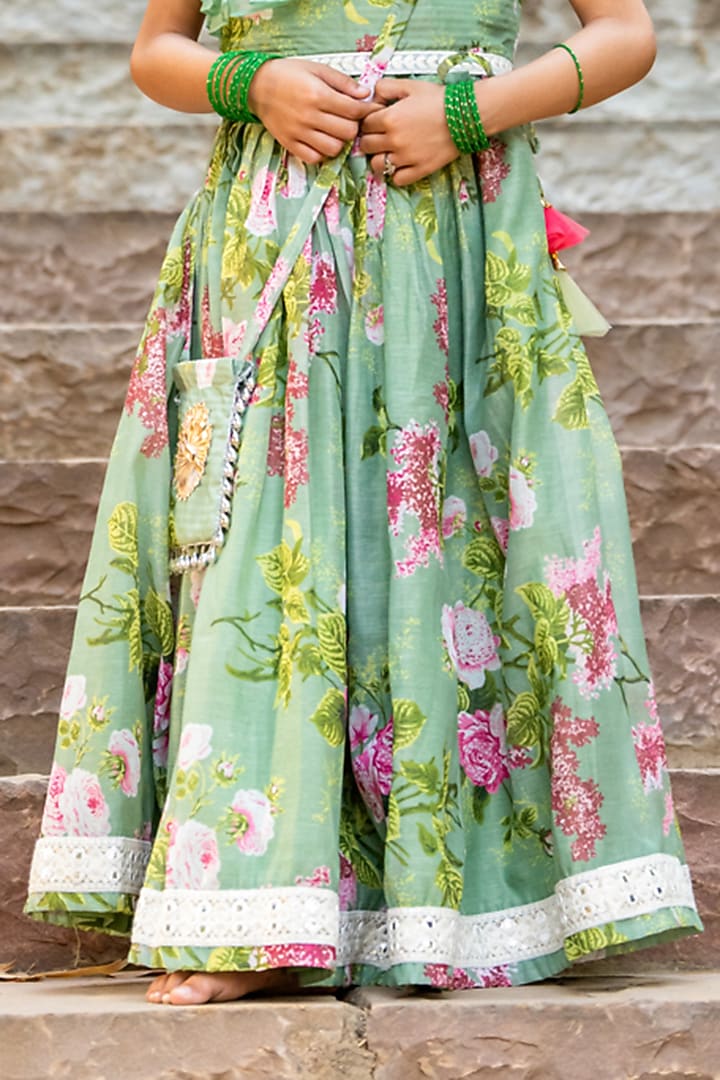 Mint Green Chanderi Floral Printed Lehenga Set For Girls by Yuvrani Jaipur Kidswear at Pernia's Pop Up Shop