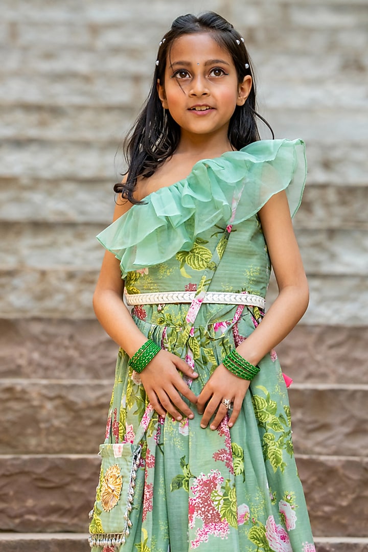 Mint Green Chanderi Floral Printed Lehenga Set For Girls by Yuvrani Jaipur Kidswear at Pernia's Pop Up Shop
