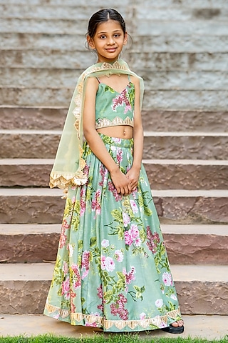 Mint Green Chanderi Floral Printed Lehenga Set For Girls by Yuvrani Jaipur Kidswear