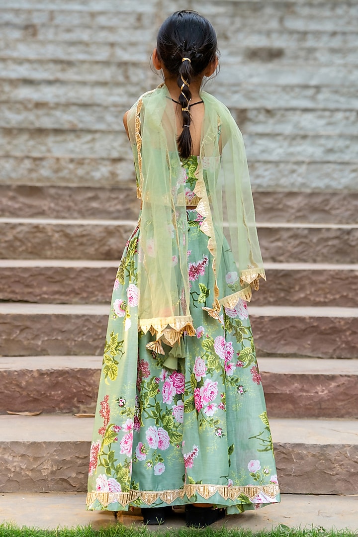 Mint Green Chanderi Floral Printed Lehenga Set For Girls by Yuvrani Jaipur Kidswear at Pernia's Pop Up Shop