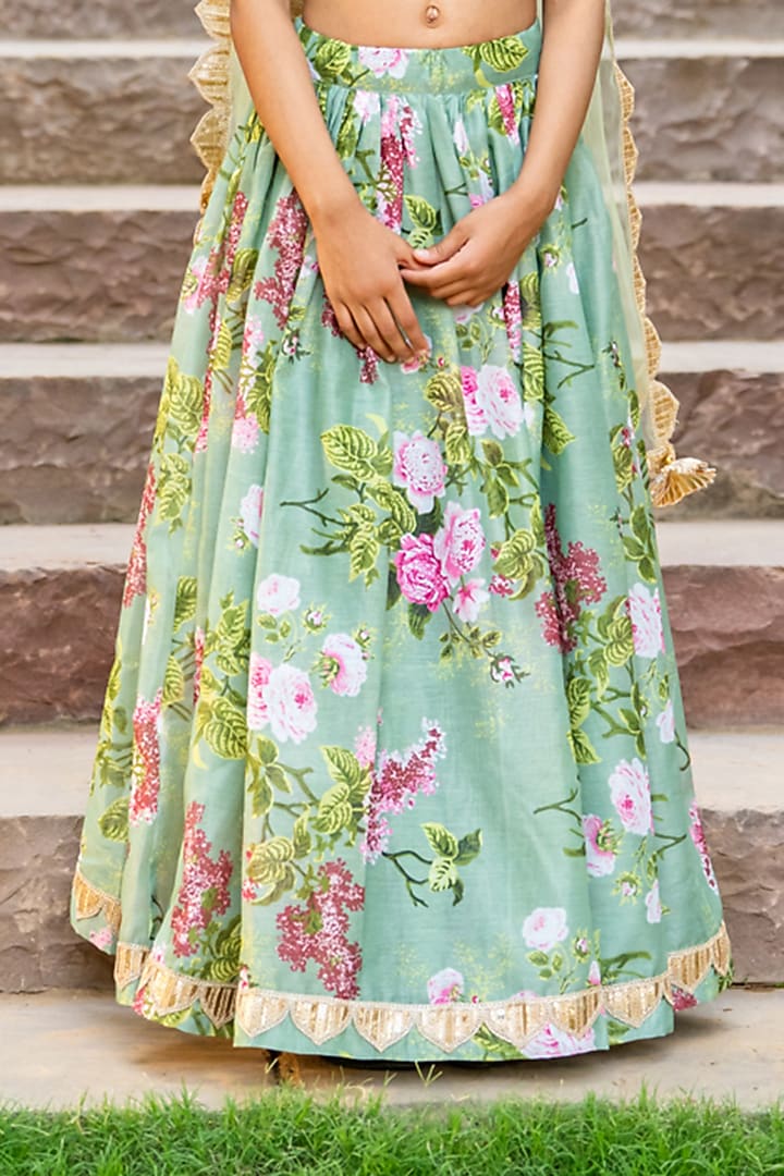 Mint Green Chanderi Floral Printed Lehenga Set For Girls by Yuvrani Jaipur Kidswear at Pernia's Pop Up Shop