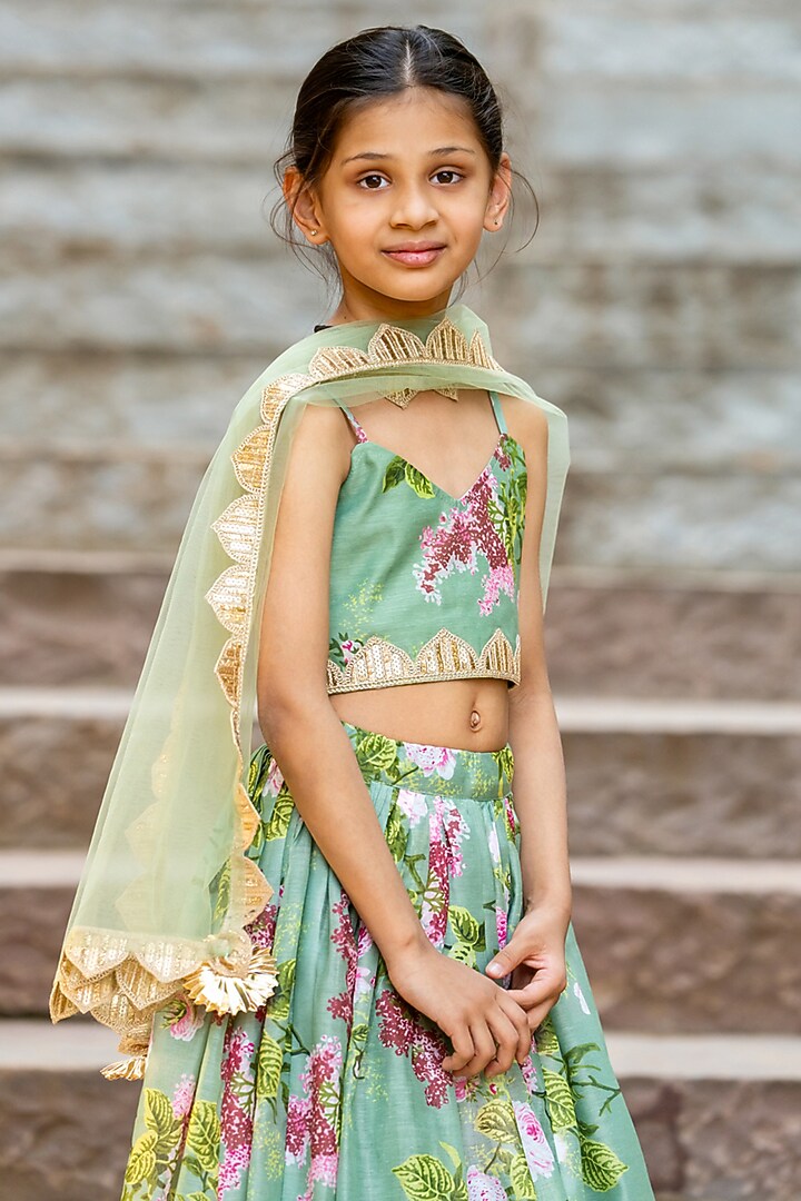 Mint Green Chanderi Floral Printed Lehenga Set For Girls by Yuvrani Jaipur Kidswear at Pernia's Pop Up Shop