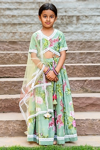 Mint Green Chanderi Floral Printed Lehenga Set For Girls by Yuvrani Jaipur Kidswear