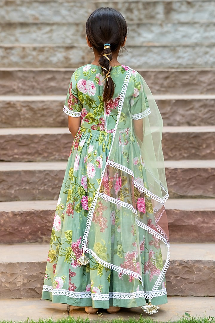 Mint Green Chanderi Floral Printed Lehenga Set For Girls by Yuvrani Jaipur Kidswear at Pernia's Pop Up Shop