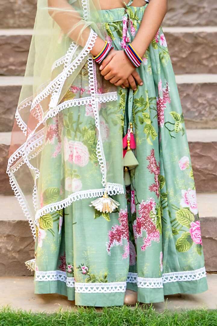 Mint Green Chanderi Floral Printed Lehenga Set For Girls by Yuvrani Jaipur Kidswear at Pernia's Pop Up Shop