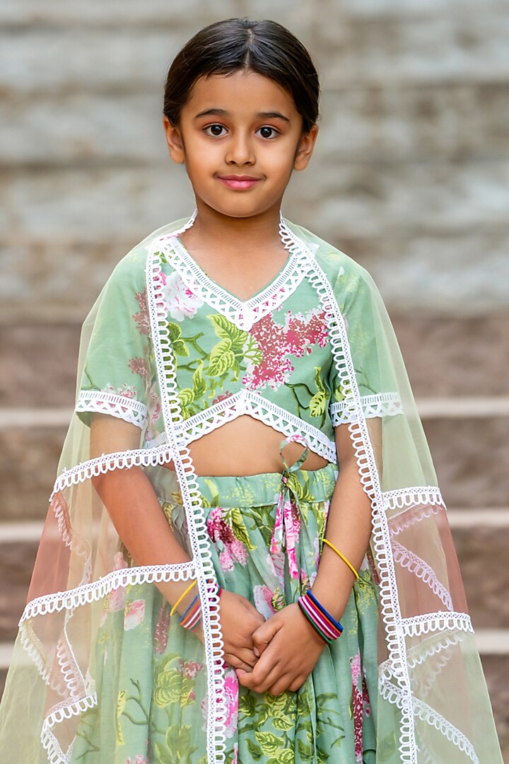 Mint Green Chanderi Floral Printed Lehenga Set For Girls by Yuvrani Jaipur Kidswear at Pernia's Pop Up Shop
