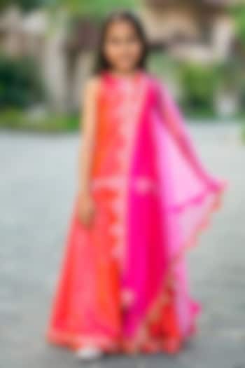 Neon Pink Silk Hand Embroidered Lehenga Set For Girls by Yuvrani Jaipur Kidswear at Pernia's Pop Up Shop