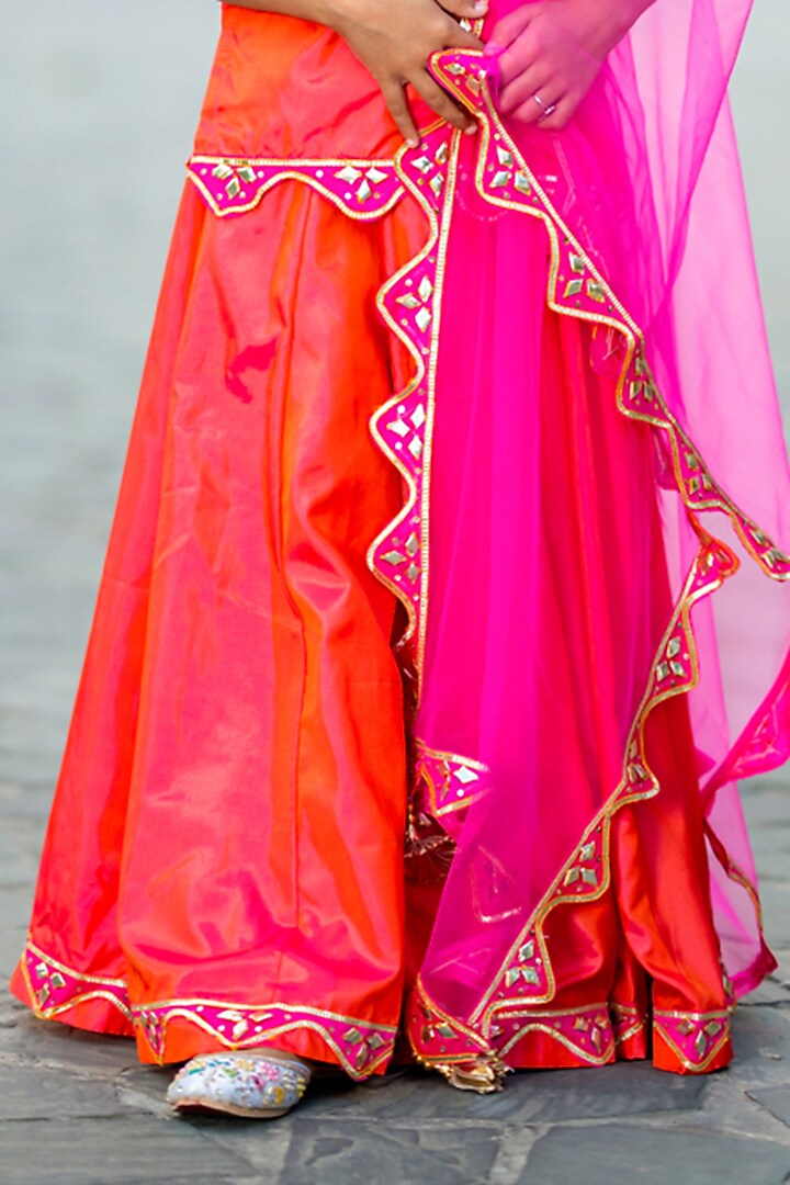 Neon Pink Silk Hand Embroidered Lehenga Set For Girls by Yuvrani Jaipur Kidswear at Pernia's Pop Up Shop