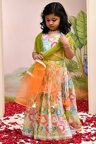 Multi-Colored Chanderi Floral Printed Lehenga Set for Girls by Yuvrani Jaipur Kidswear