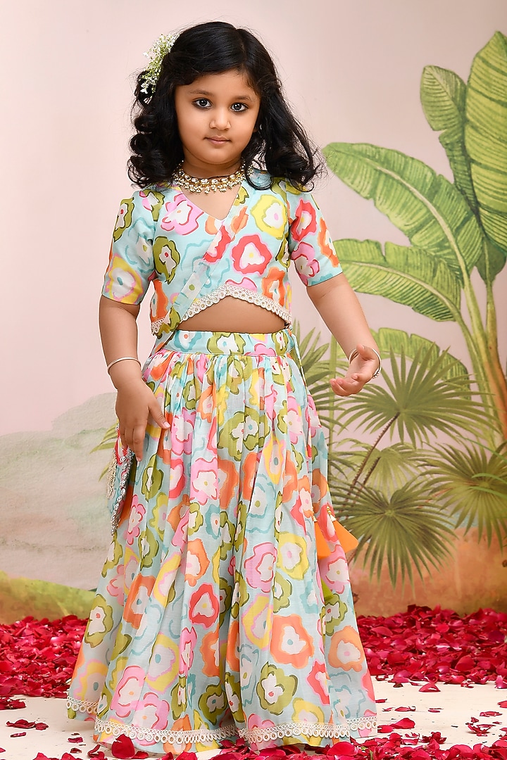 Multi-Colored Chanderi Floral Printed Lehenga Set for Girls by Yuvrani Jaipur Kidswear at Pernia's Pop Up Shop