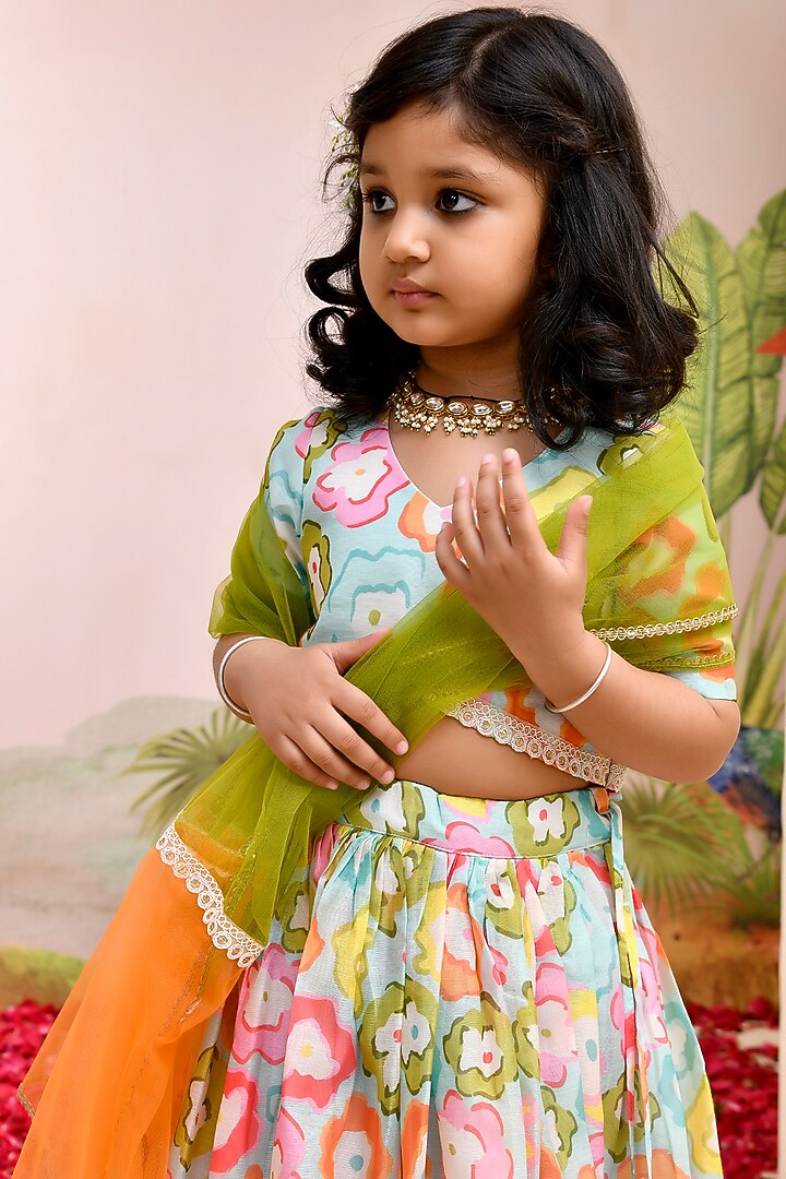 Multi-Colored Chanderi Floral Printed Lehenga Set for Girls by Yuvrani Jaipur Kidswear at Pernia's Pop Up Shop