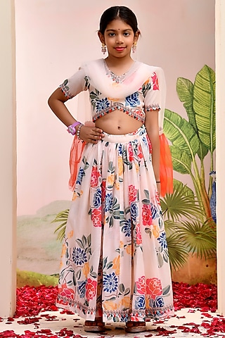 Multi-Colored Chanderi Floral Printed Lehenga Set for Girls by Yuvrani Jaipur Kidswear