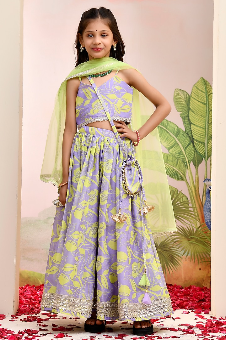 Purple & Yellow Chanderi Floral Printed Lehenga Set for Girls by Yuvrani Jaipur Kidswear at Pernia's Pop Up Shop