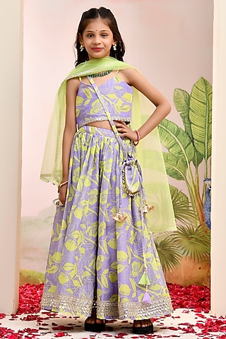 Purple & Yellow Chanderi Floral Printed Lehenga Set for Girls by Yuvrani Jaipur Kidswear