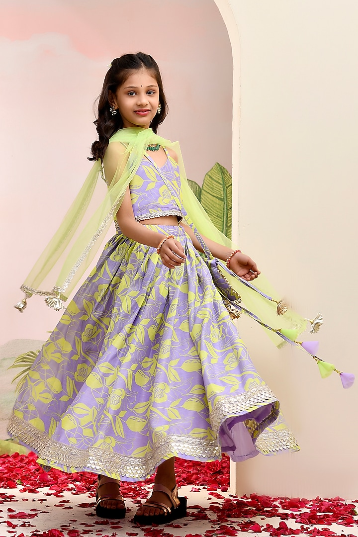 Purple & Yellow Chanderi Floral Printed Lehenga Set for Girls by Yuvrani Jaipur Kidswear at Pernia's Pop Up Shop