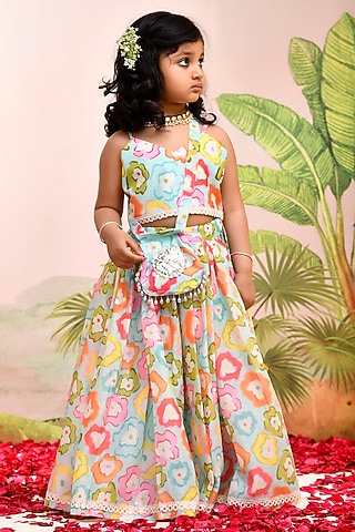 Multi-Colored Chanderi Floral Printed Lehenga Set for Girls by Yuvrani Jaipur Kidswear