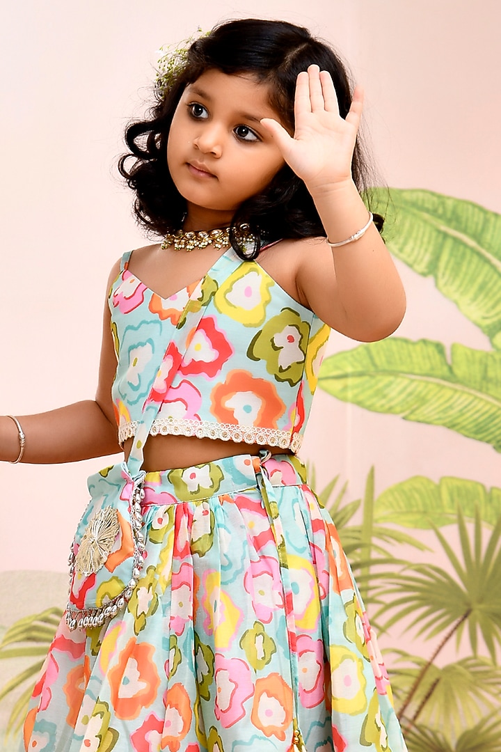Multi-Colored Chanderi Floral Printed Lehenga Set for Girls by Yuvrani Jaipur Kidswear at Pernia's Pop Up Shop