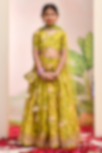 Yellow & Green Chanderi Floral Printed Lehenga Set for Girls by Yuvrani Jaipur Kidswear at Pernia's Pop Up Shop