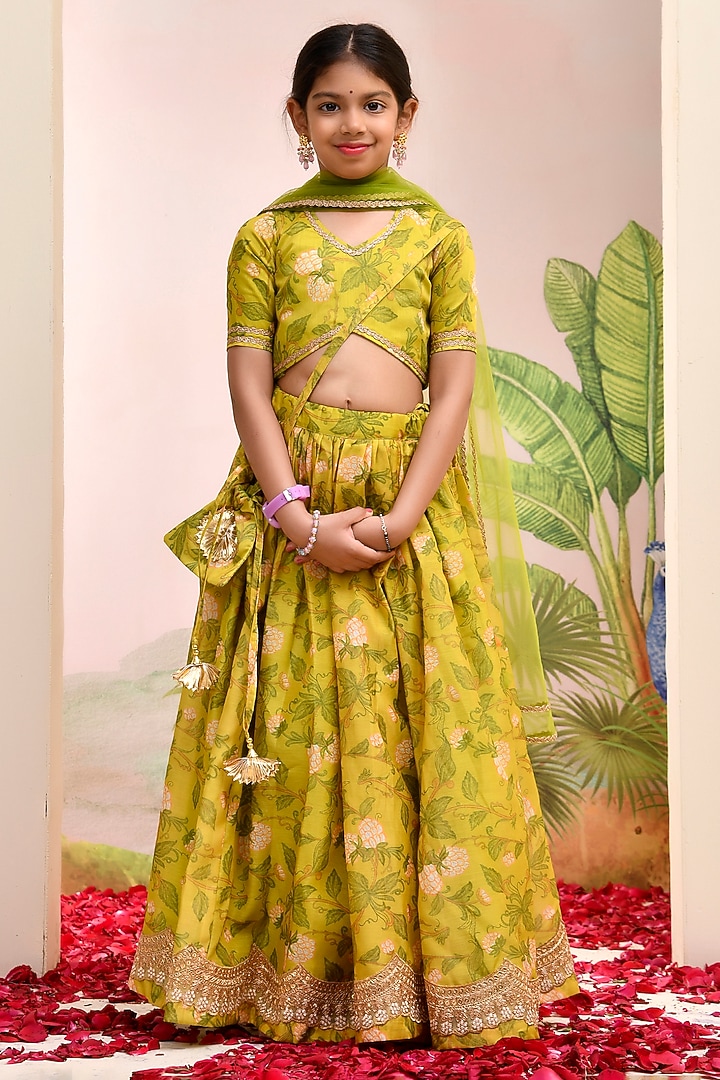 Yellow & Green Chanderi Floral Printed Lehenga Set for Girls by Yuvrani Jaipur Kidswear at Pernia's Pop Up Shop