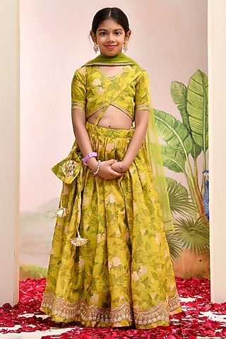 Yellow & Green Chanderi Floral Printed Lehenga Set for Girls by Yuvrani Jaipur Kidswear