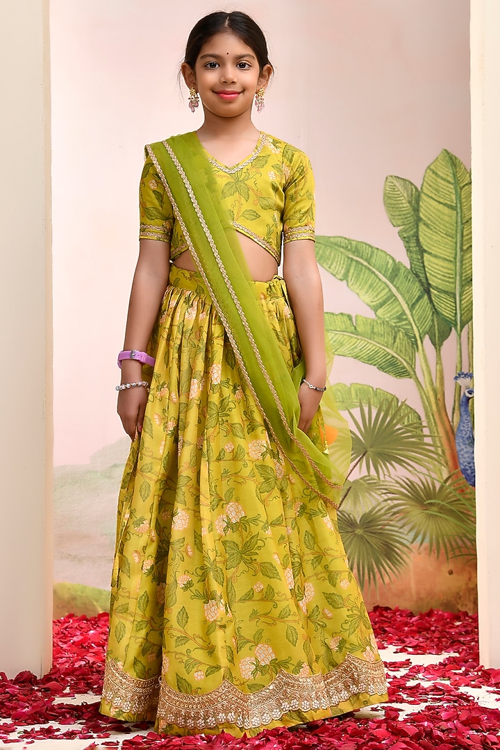 Yellow & Green Chanderi Floral Printed Lehenga Set for Girls by Yuvrani Jaipur Kidswear at Pernia's Pop Up Shop