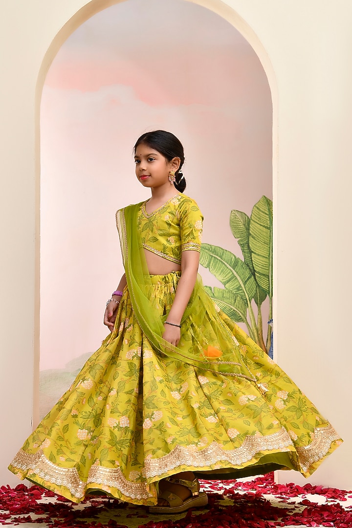 Yellow & Green Chanderi Floral Printed Lehenga Set for Girls by Yuvrani Jaipur Kidswear at Pernia's Pop Up Shop