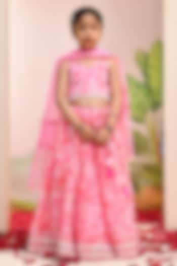 Neon Pink Chanderi Floral Printed Lehenga Set for Girls by Yuvrani Jaipur Kidswear at Pernia's Pop Up Shop