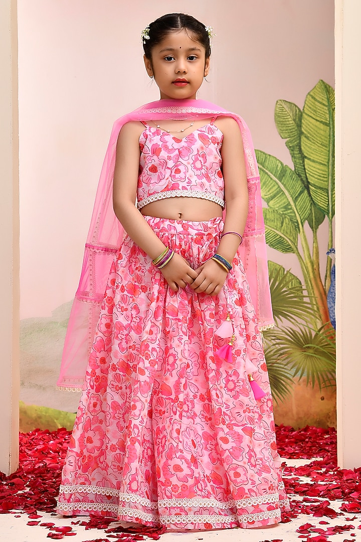 Neon Pink Chanderi Floral Printed Lehenga Set for Girls by Yuvrani Jaipur Kidswear at Pernia's Pop Up Shop