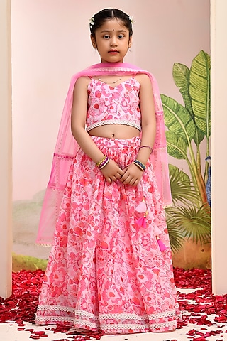 Neon Pink Chanderi Floral Printed Lehenga Set for Girls by Yuvrani Jaipur Kidswear