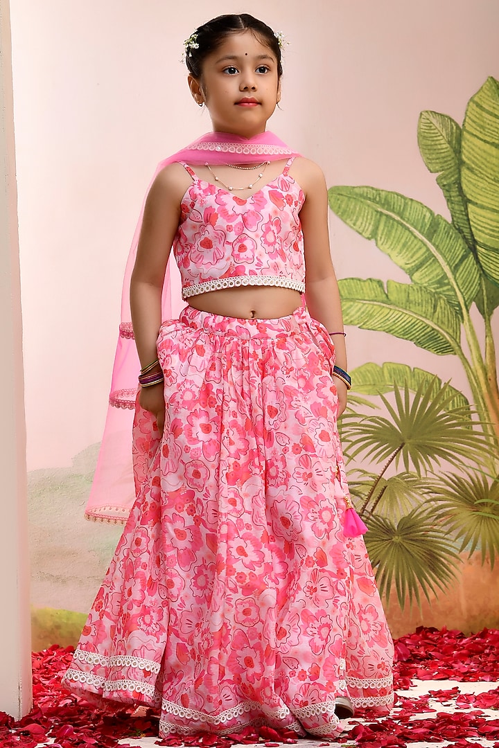 Neon Pink Chanderi Floral Printed Lehenga Set for Girls by Yuvrani Jaipur Kidswear at Pernia's Pop Up Shop