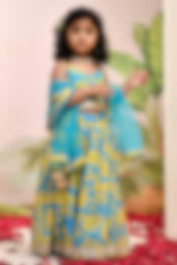 Neon Blue & Yellow Chanderi Floral Printed Lehenga Set for Girls by Yuvrani Jaipur Kidswear at Pernia's Pop Up Shop