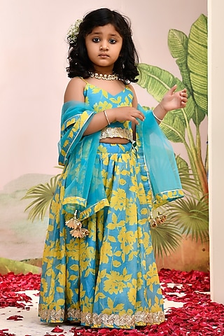 Neon Blue & Yellow Chanderi Floral Printed Lehenga Set for Girls by Yuvrani Jaipur Kidswear