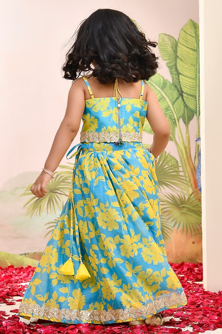 Neon Blue & Yellow Chanderi Floral Printed Lehenga Set for Girls by Yuvrani Jaipur Kidswear at Pernia's Pop Up Shop
