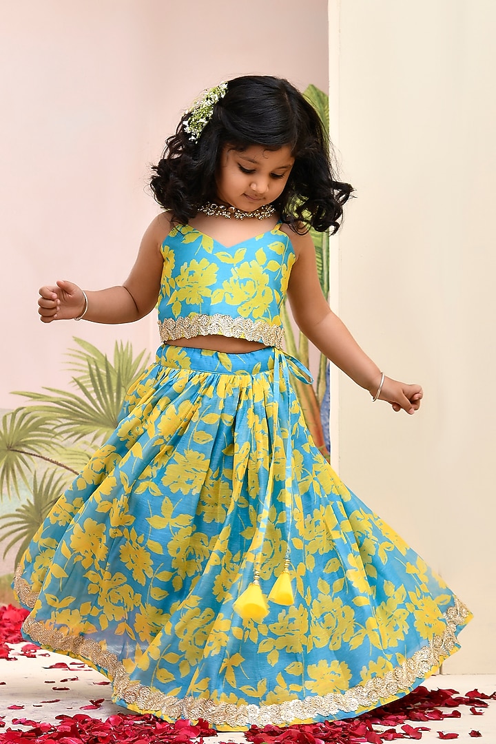 Neon Blue & Yellow Chanderi Floral Printed Lehenga Set for Girls by Yuvrani Jaipur Kidswear at Pernia's Pop Up Shop