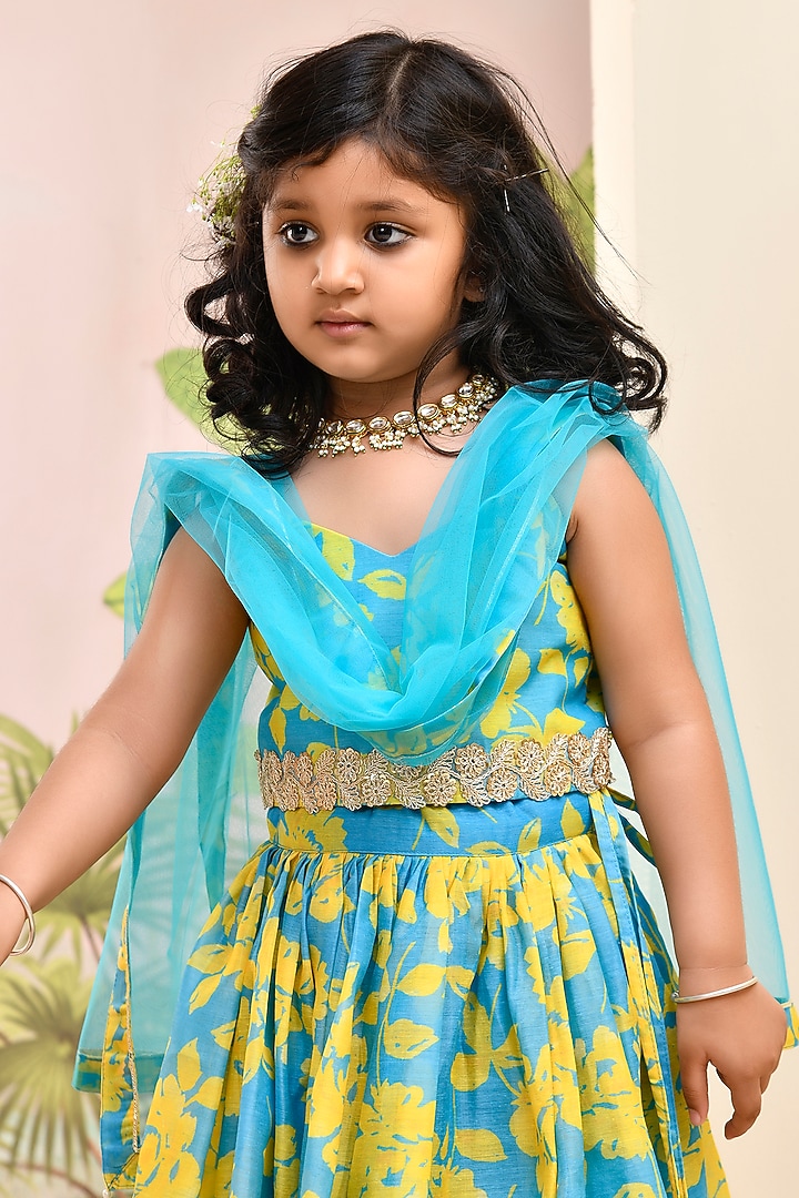 Neon Blue & Yellow Chanderi Floral Printed Lehenga Set for Girls by Yuvrani Jaipur Kidswear at Pernia's Pop Up Shop