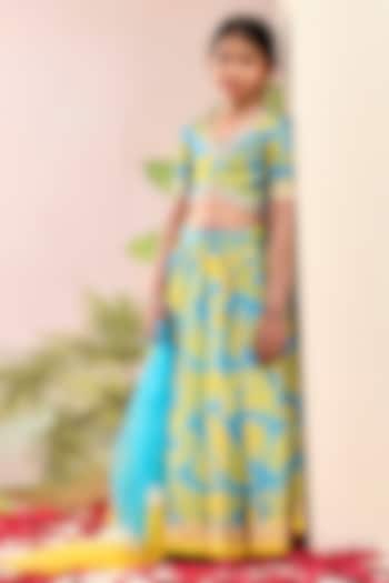 Neon Blue & Yellow Chanderi Floral Printed Lehenga Set for Girls by Yuvrani Jaipur Kidswear at Pernia's Pop Up Shop