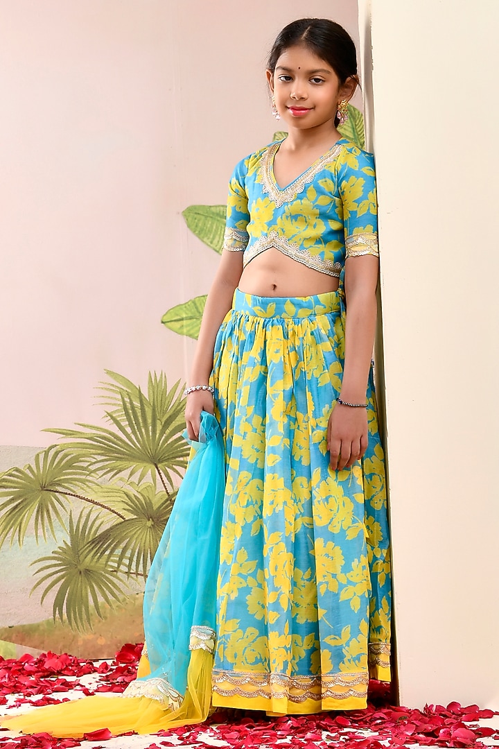 Neon Blue & Yellow Chanderi Floral Printed Lehenga Set for Girls by Yuvrani Jaipur Kidswear at Pernia's Pop Up Shop