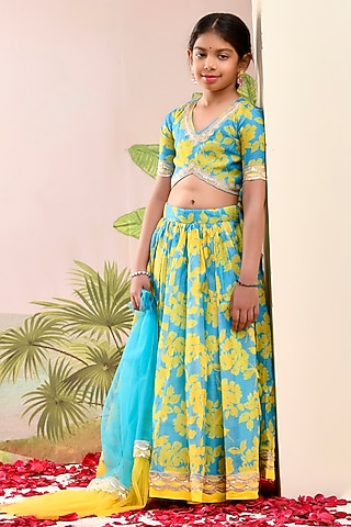 Neon Blue & Yellow Chanderi Floral Printed Lehenga Set for Girls by Yuvrani Jaipur Kidswear