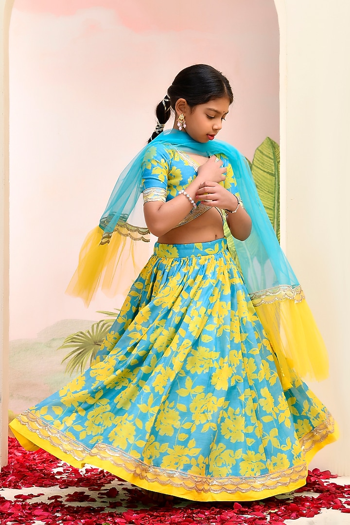 Neon Blue & Yellow Chanderi Floral Printed Lehenga Set for Girls by Yuvrani Jaipur Kidswear at Pernia's Pop Up Shop
