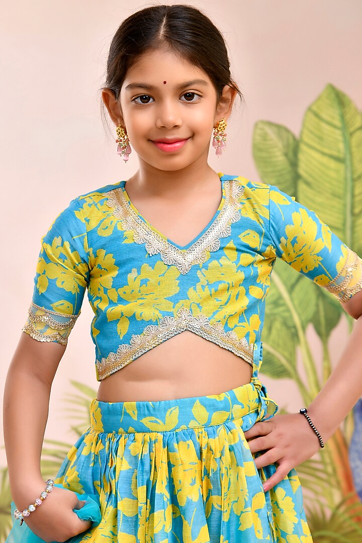 Neon Blue & Yellow Chanderi Floral Printed Lehenga Set for Girls by Yuvrani Jaipur Kidswear at Pernia's Pop Up Shop