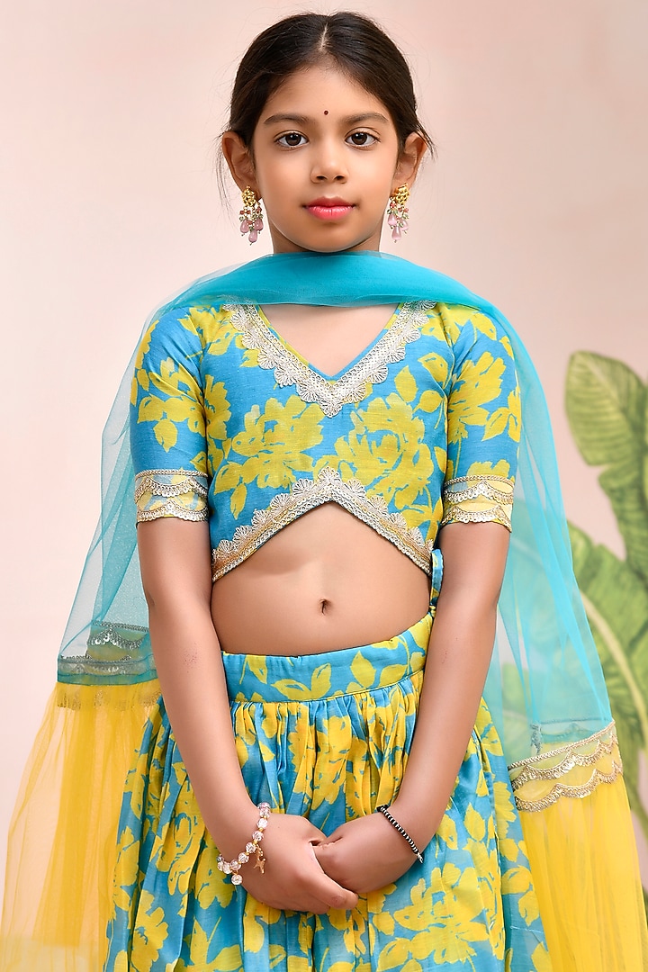 Neon Blue & Yellow Chanderi Floral Printed Lehenga Set for Girls by Yuvrani Jaipur Kidswear at Pernia's Pop Up Shop