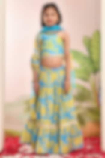Neon Blue & Yellow Chanderi Floral Printed Lehenga Set for Girls by Yuvrani Jaipur Kidswear at Pernia's Pop Up Shop