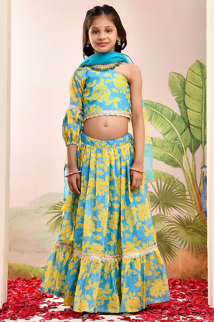 Neon Blue & Yellow Chanderi Floral Printed Lehenga Set for Girls by Yuvrani Jaipur Kidswear at Pernia's Pop Up Shop