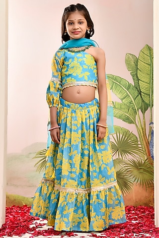 Neon Blue & Yellow Chanderi Floral Printed Lehenga Set for Girls by Yuvrani Jaipur Kidswear