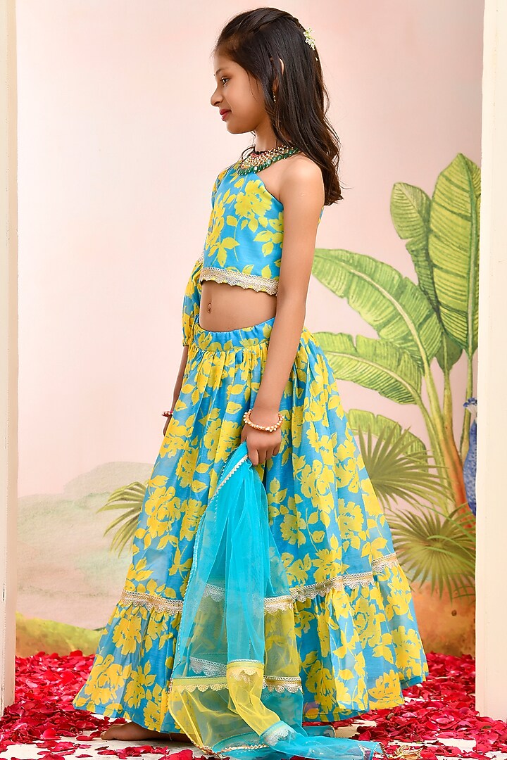 Neon Blue & Yellow Chanderi Floral Printed Lehenga Set for Girls by Yuvrani Jaipur Kidswear at Pernia's Pop Up Shop