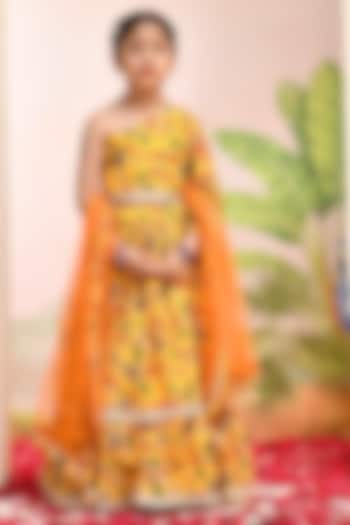 Yellow & Red Chanderi Floral Printed Lehenga Set for Girls by Yuvrani Jaipur Kidswear at Pernia's Pop Up Shop