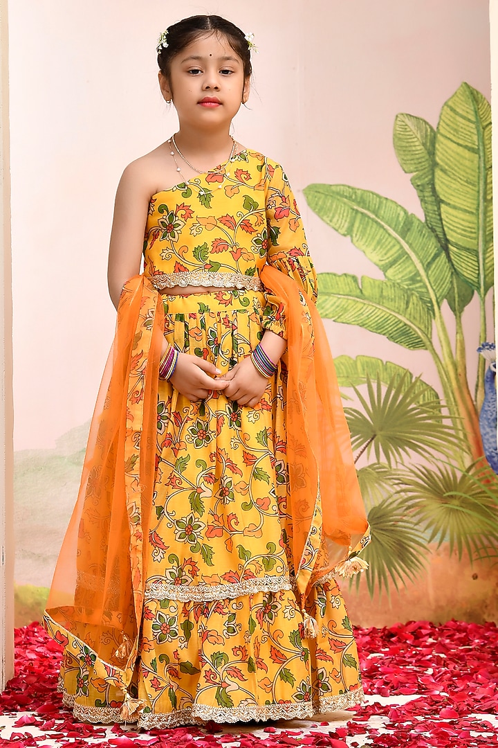 Yellow & Red Chanderi Floral Printed Lehenga Set for Girls by Yuvrani Jaipur Kidswear at Pernia's Pop Up Shop