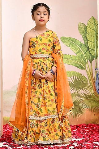 Yellow & Red Chanderi Floral Printed Lehenga Set for Girls by Yuvrani Jaipur Kidswear