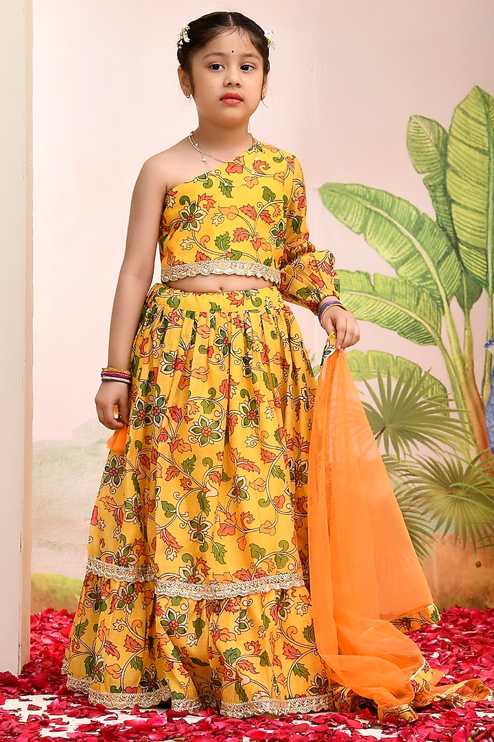 Yellow & Red Chanderi Floral Printed Lehenga Set for Girls by Yuvrani Jaipur Kidswear at Pernia's Pop Up Shop